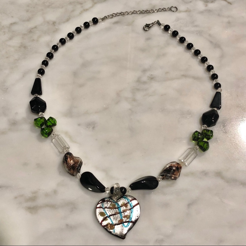 Glass Bead & Glass Heart Pendant Necklace
